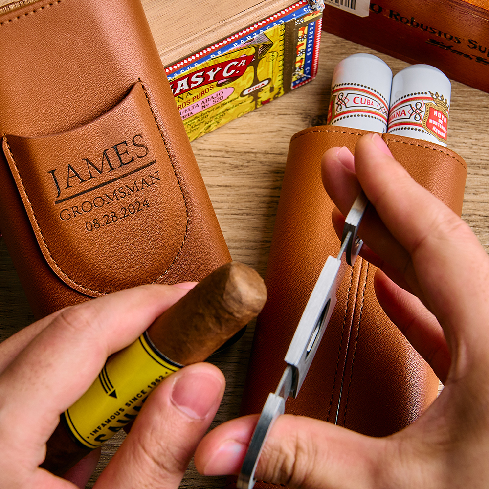 Personalized Cigar Case, Leather Cigar Holder with Cutter, Cigar Travel Case, Groomsmen Gifts, Gift for Dad Husband Gift for Him - makephotopuzzleuk