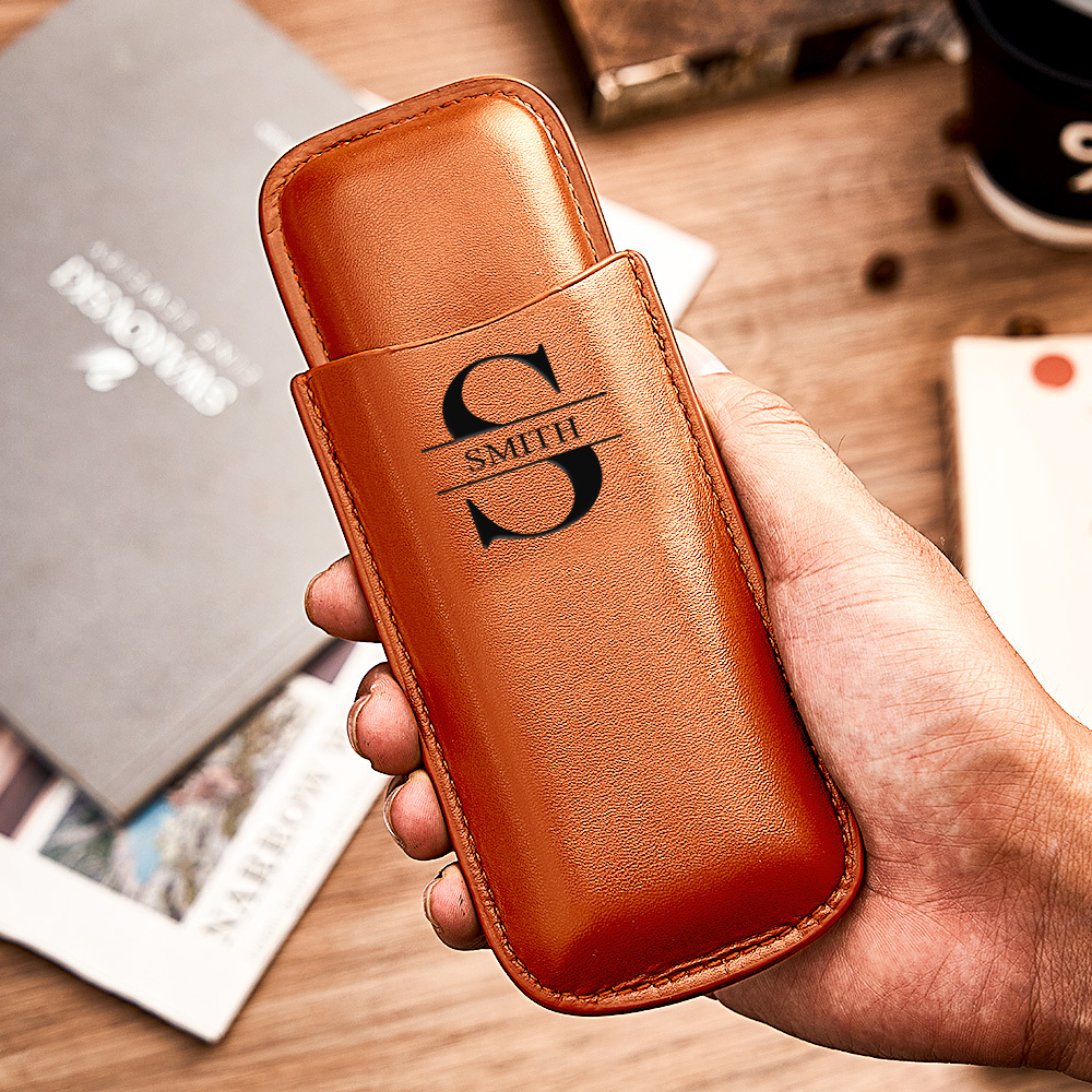 Custom Name Leather Cigar Travel Case for 2 Cigars, Personalized Gift for Him or Dad - makephotopuzzleuk