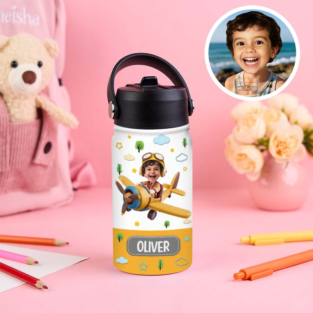 Custom Photo And Name Printed Kids Water Bottle Gift For Kids With Engineering Vehicles - makephotopuzzleuk