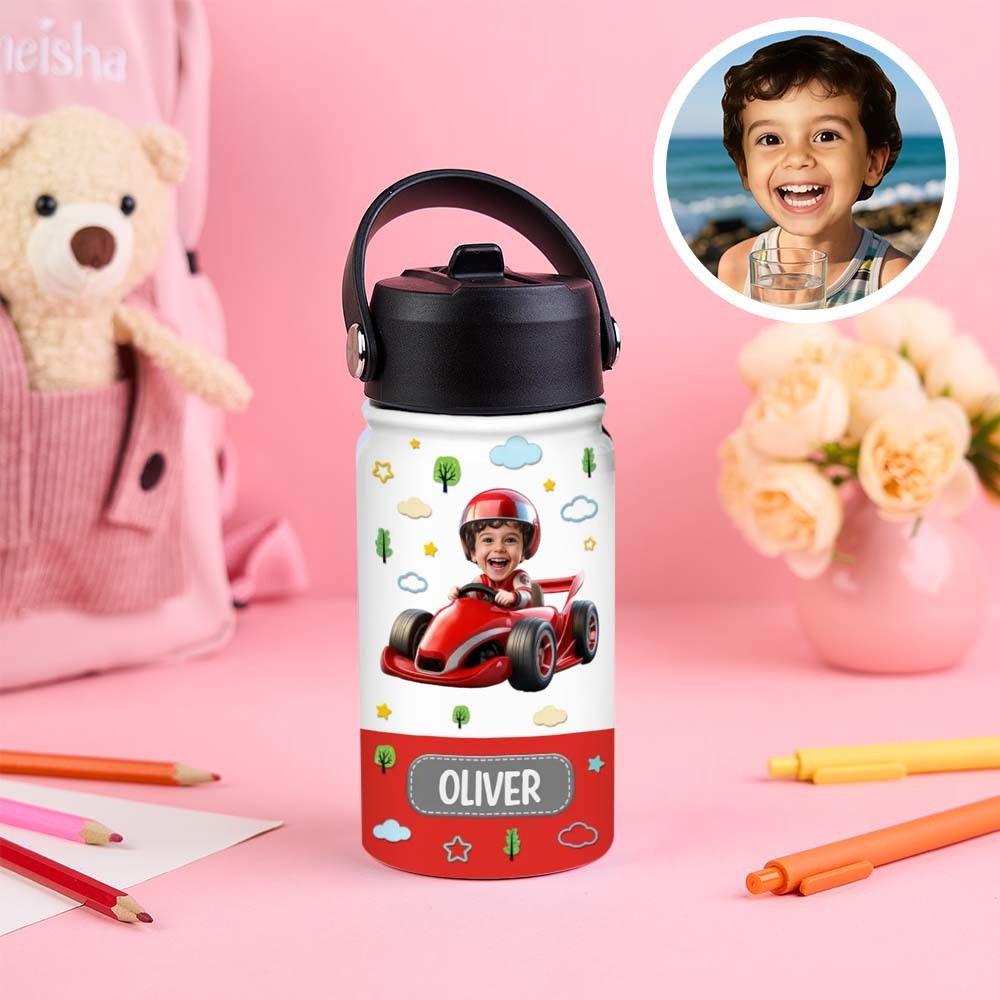 Custom Photo And Name Printed Kids Water Bottle Gift For Kids With Engineering Vehicles - makephotopuzzleuk