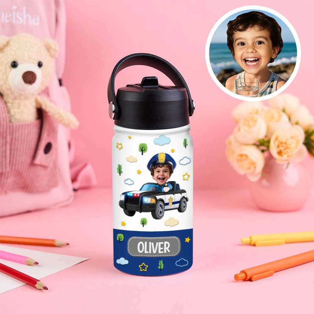 Custom Photo And Name Printed Kids Water Bottle Gift For Kids With Engineering Vehicles - makephotopuzzleuk