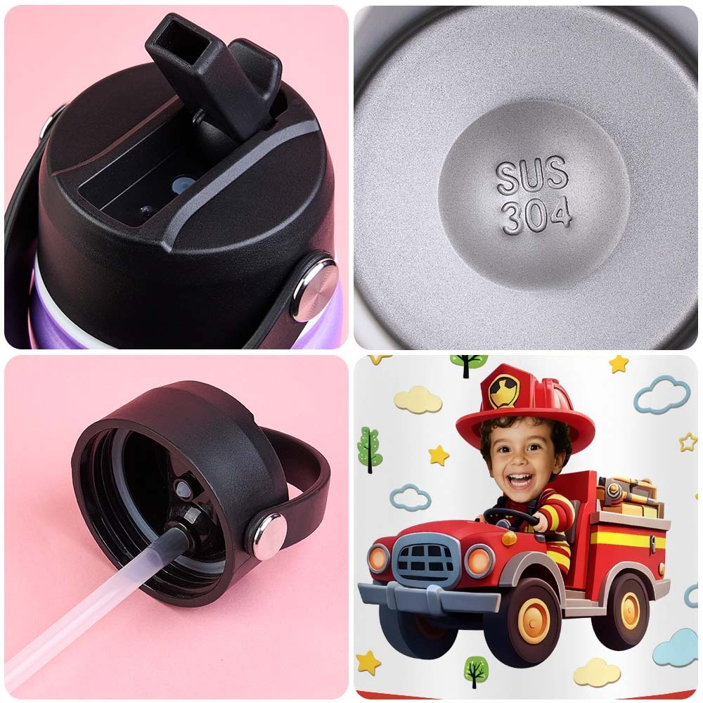 Custom Photo And Name Printed Kids Water Bottle Gift For Kids With Engineering Vehicles - makephotopuzzleuk