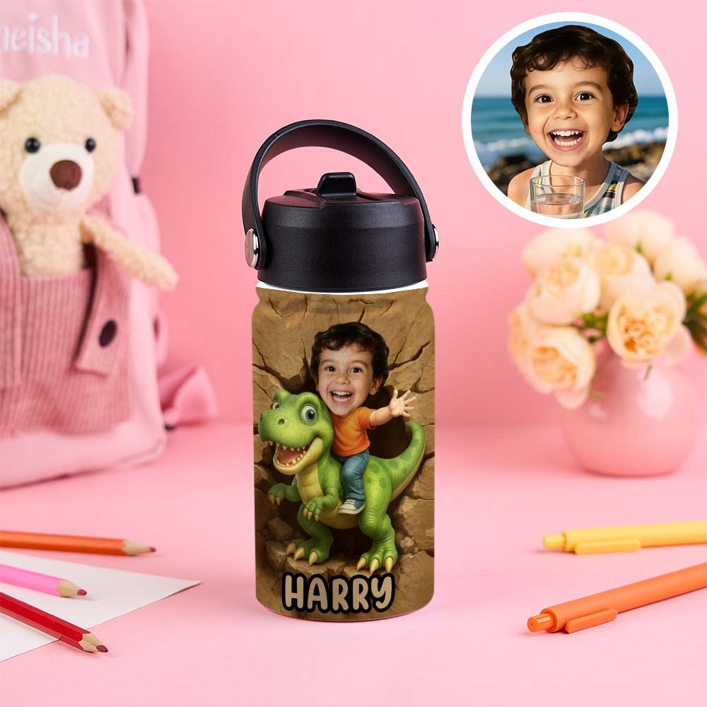 Custom Photo 3D Inflated Effect Printed Kids Water Bottle - Personalized Back To School Gifts For Kids - Roar Into Every Adventure - makephotopuzzleuk