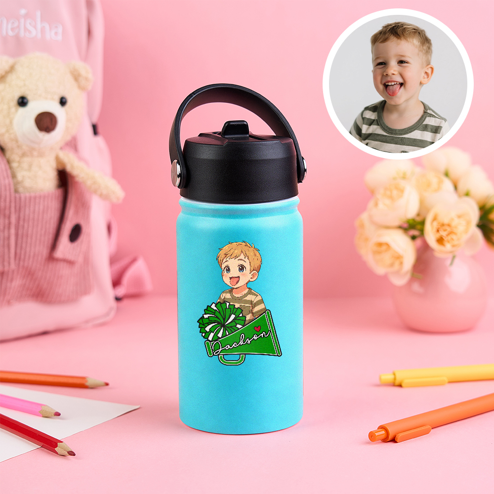 Custom Cartoon Sports Kids Water Bottle Personalized Name & Photo Colorful & Fun Gift Multiple Colors Available - makephotopuzzleuk