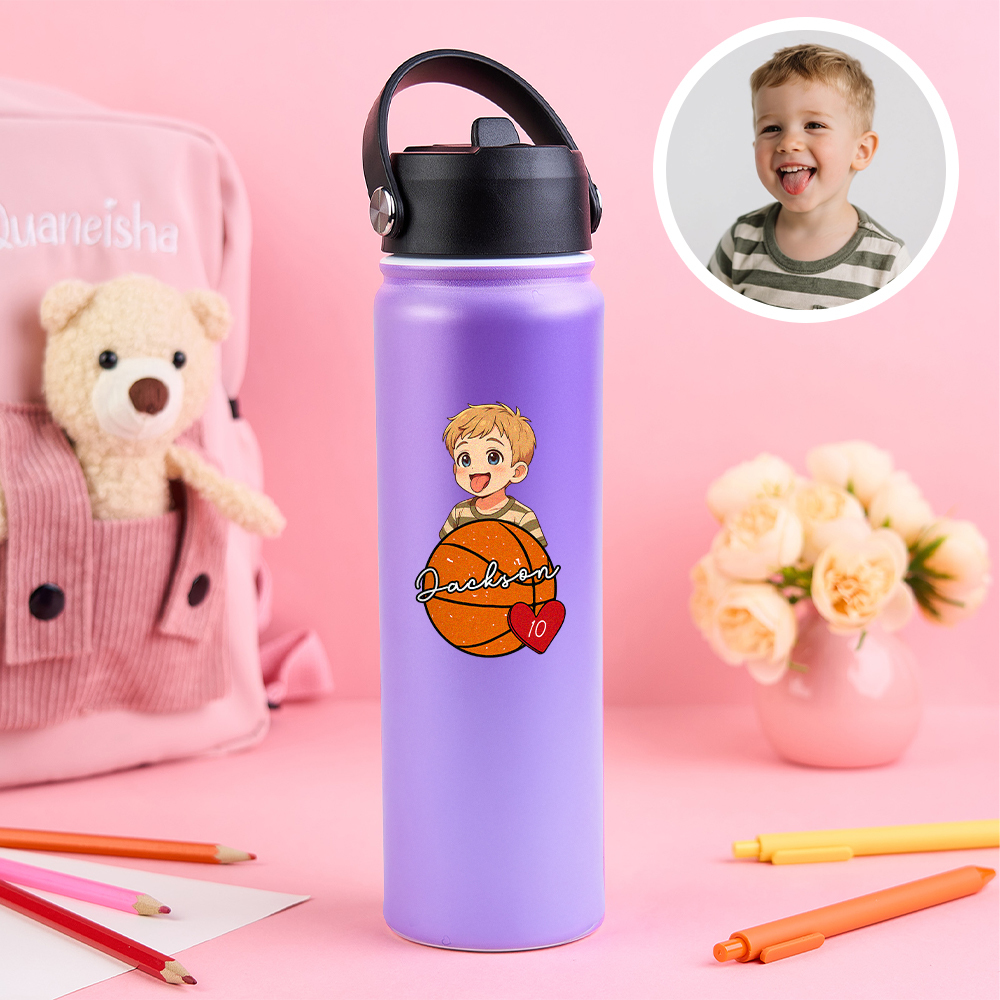 Custom Cartoon Sports Kids Water Bottle Personalized Name & Photo Colorful & Fun Gift Multiple Colors Available - makephotopuzzleuk