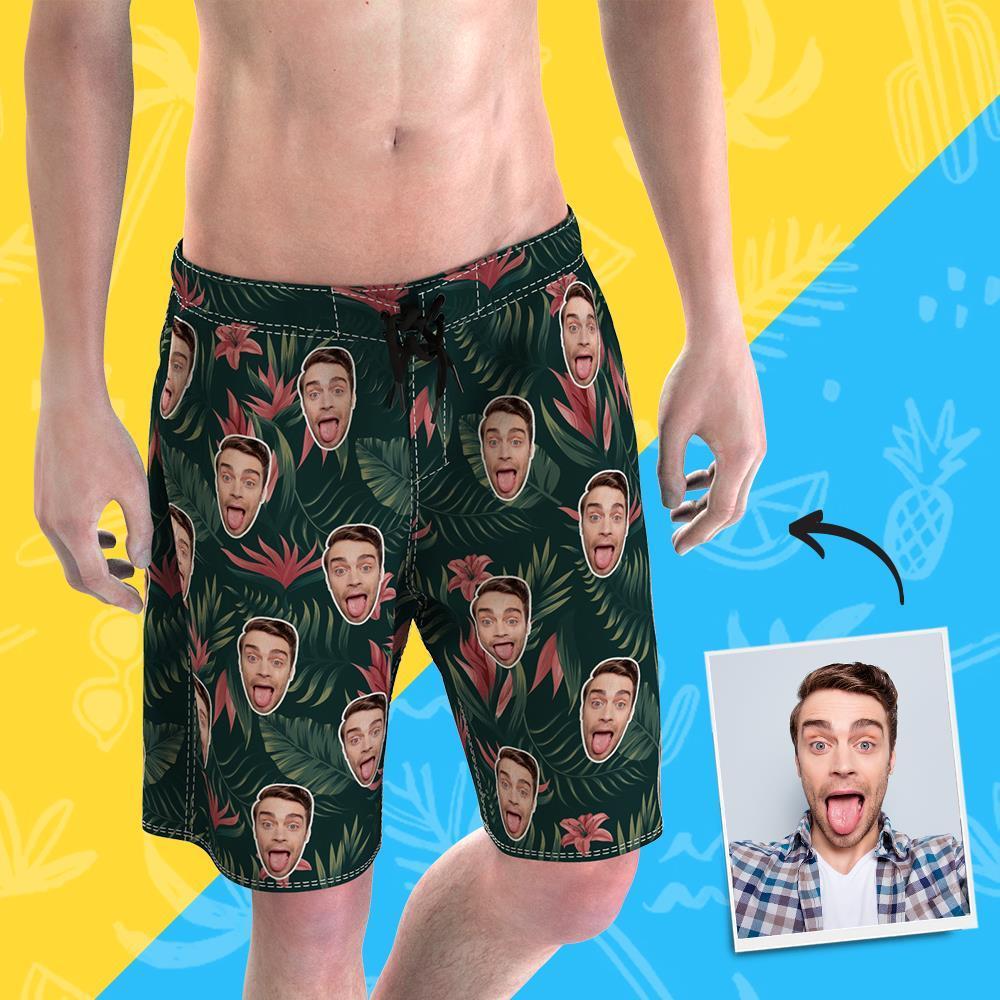 Men's Custom Face Beach Shorts Flowers And Leaves