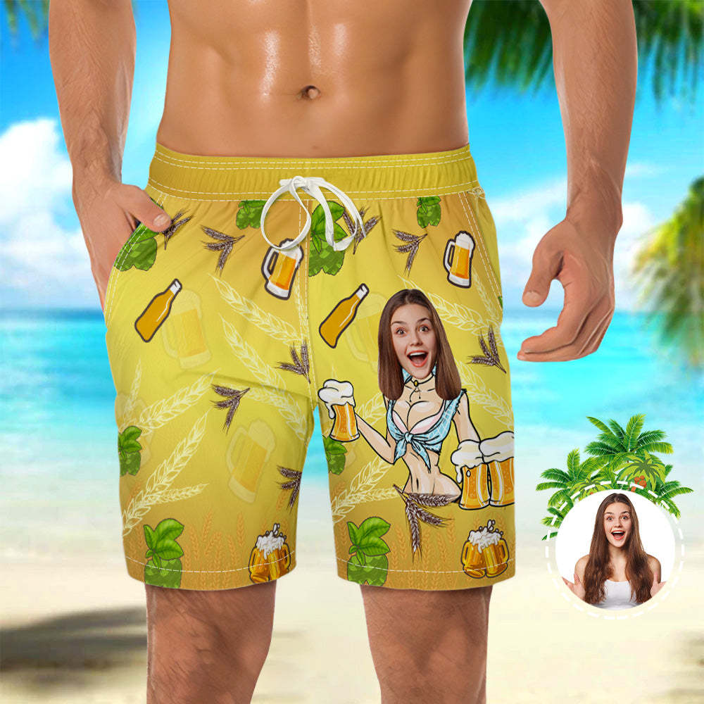 Men's Custom Face Beach Trunks Flamingo Shorts Personalised Beer Yellow Trunks Gift For Boyfriend - makephotopuzzleuk