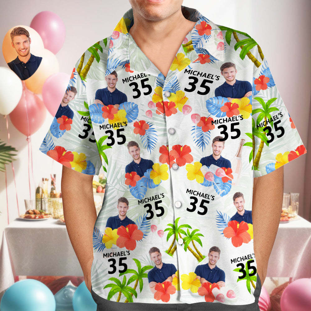 Custom Your Own Face Birthday Hawaiian Shirt Custom Date and Name Yellow and Red Flowers Shirt