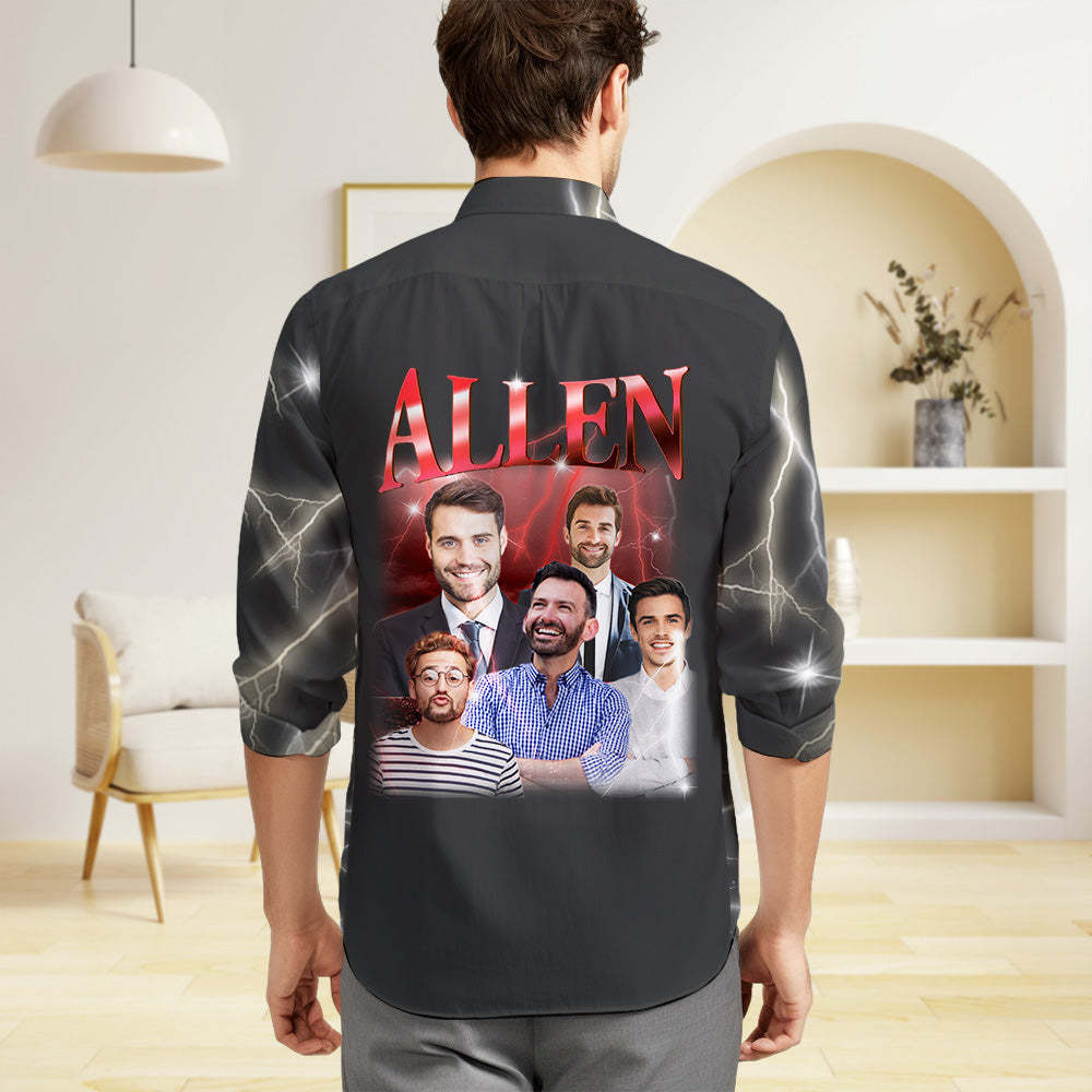 Custom Photo and Text Long Sleeve Shirts Personalized Photo Gift Men's Vintage Personality Lightning Shirts