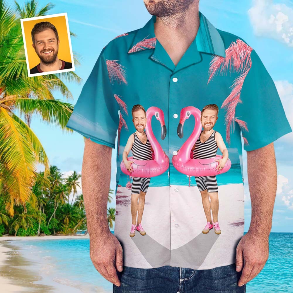Custom Face Flamingo Shirt Personalized Funny Swim Ring Pattern Costume - makephotopuzzleuk