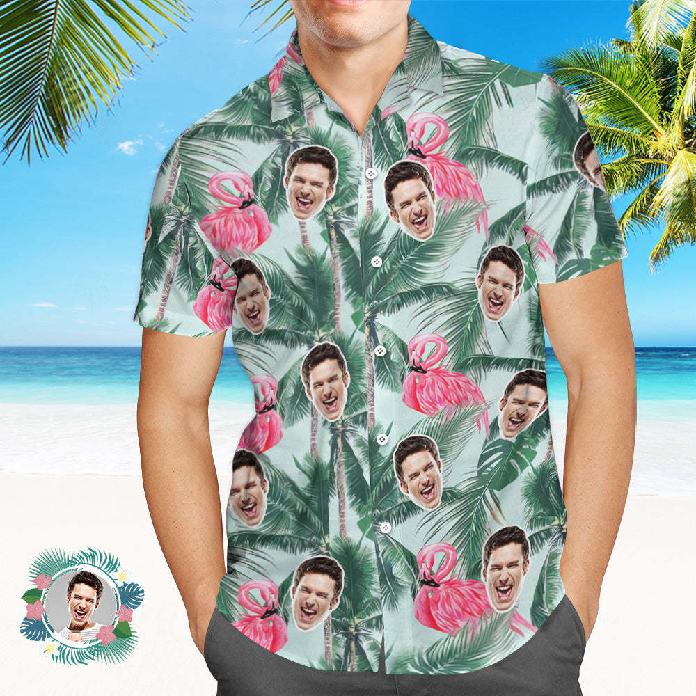 Custom Face Green Coconut Tree Hawaiian Shirt Flamingo Hawaiian Shirt Gift For Him - makephotopuzzleuk
