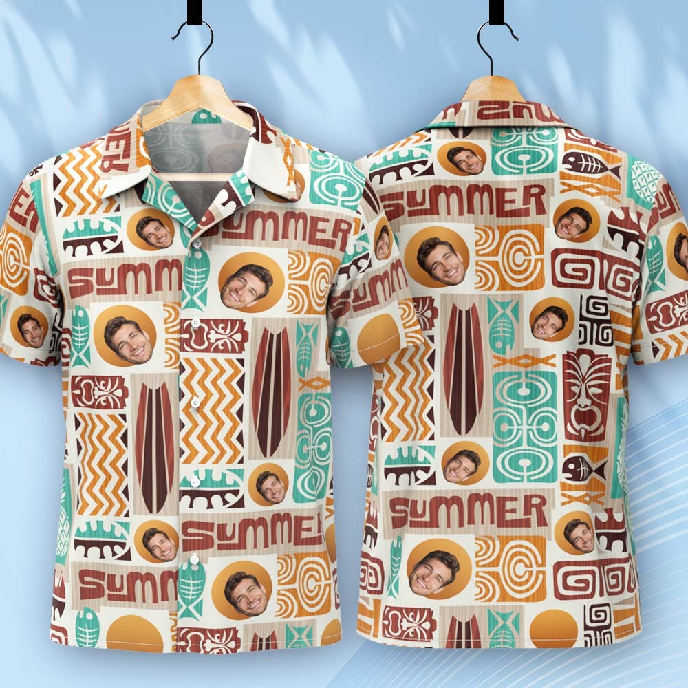Father Custom Face With Exotic Tiki Pattern Personalized Photo Hawaiian Shirt - makephotopuzzleuk