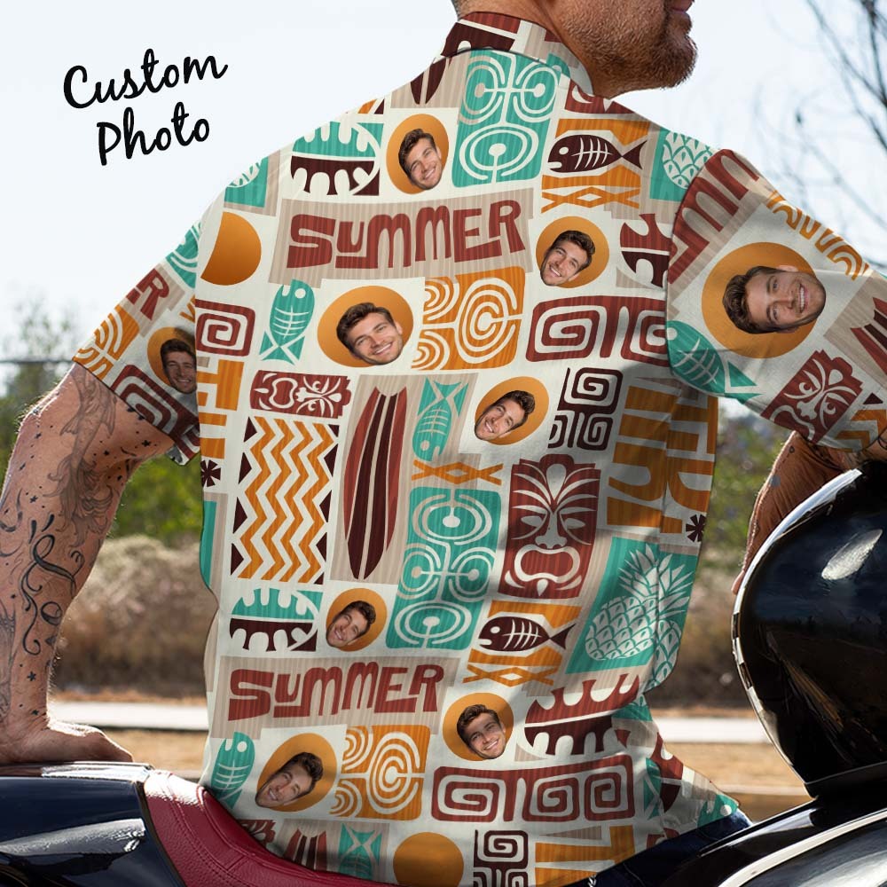 Father Custom Face With Exotic Tiki Pattern Personalized Photo Hawaiian Shirt - makephotopuzzleuk