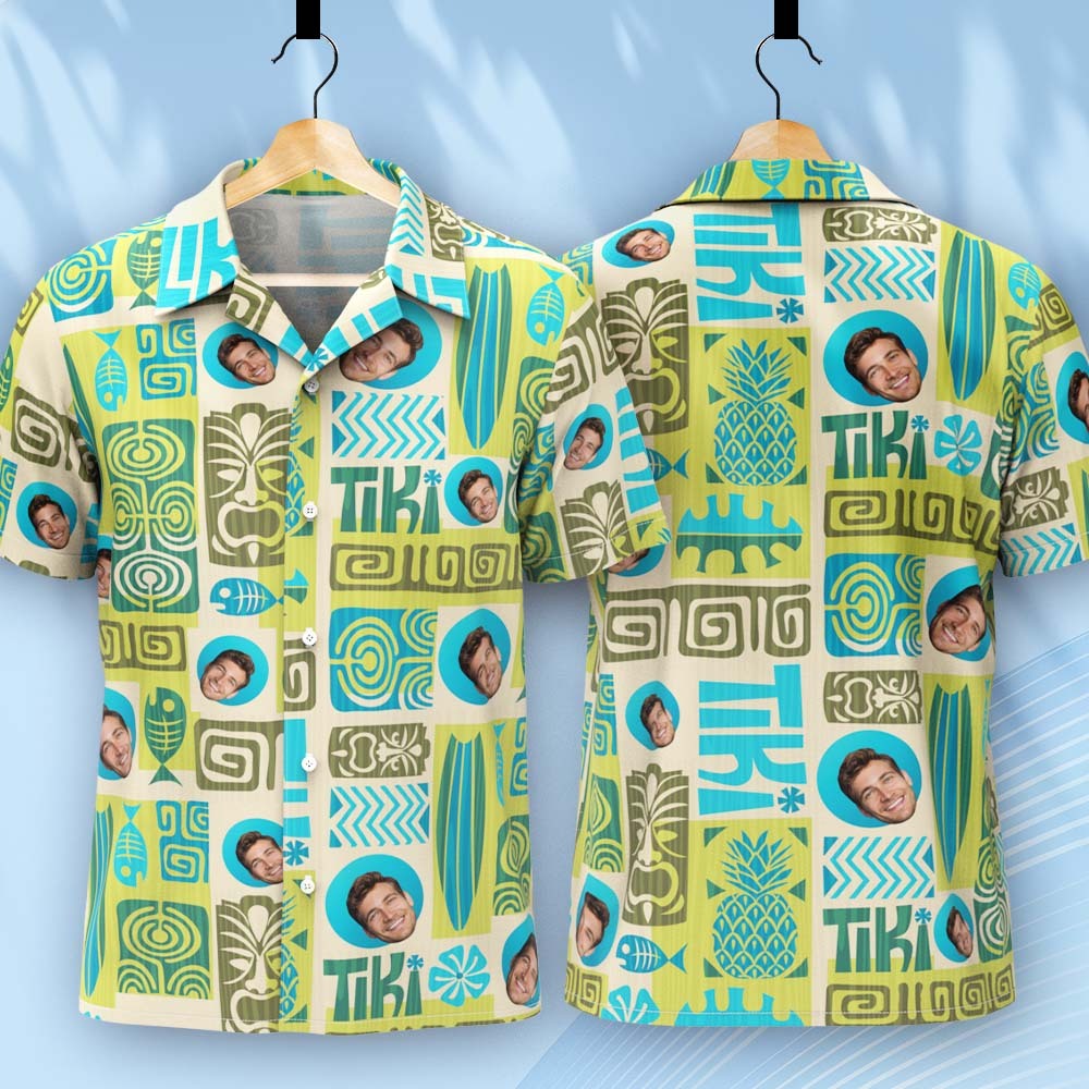Father Custom Face With Exotic Tiki Pattern Personalized Photo Hawaiian Shirt - makephotopuzzleuk