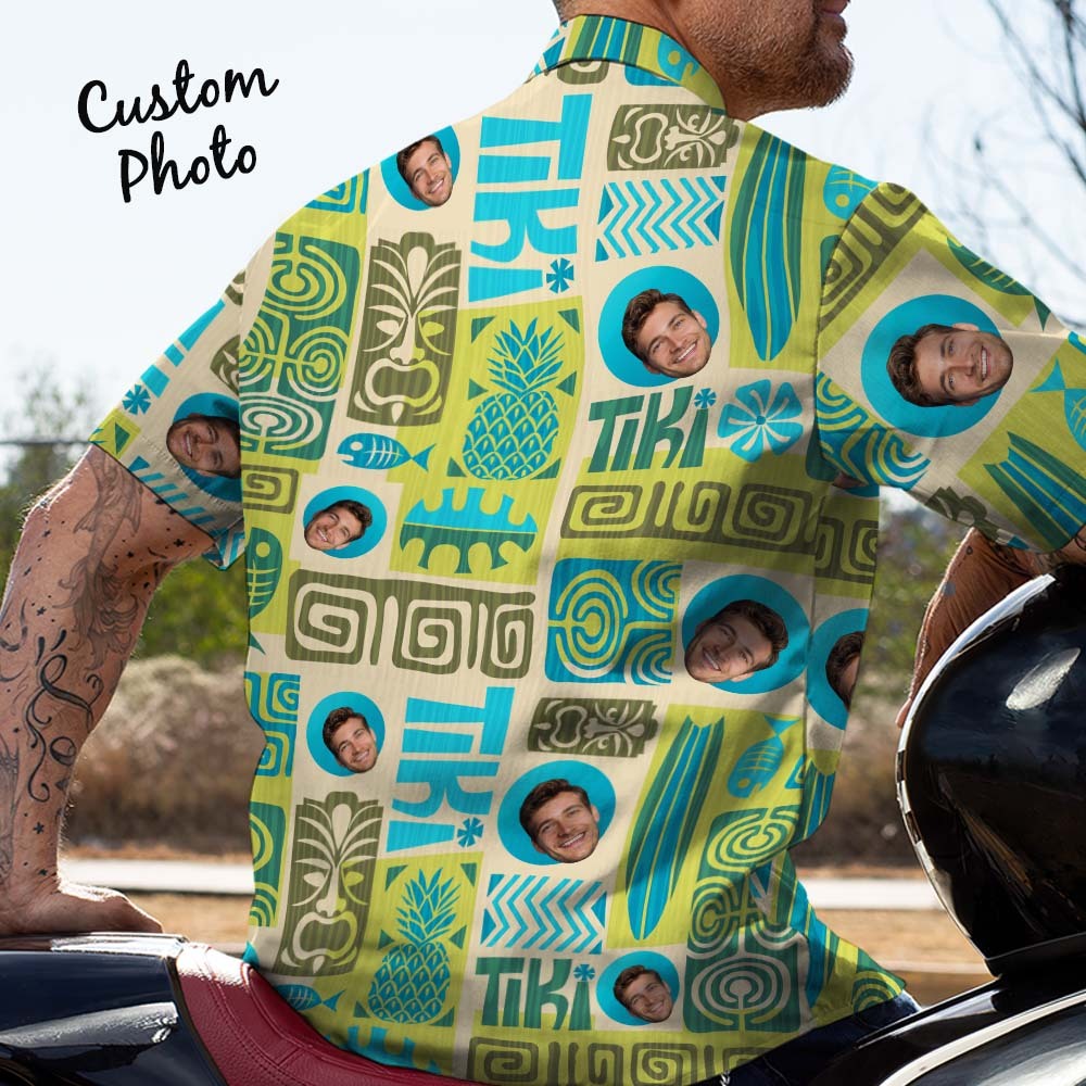 Father Custom Face With Exotic Tiki Pattern Personalized Photo Hawaiian Shirt - makephotopuzzleuk