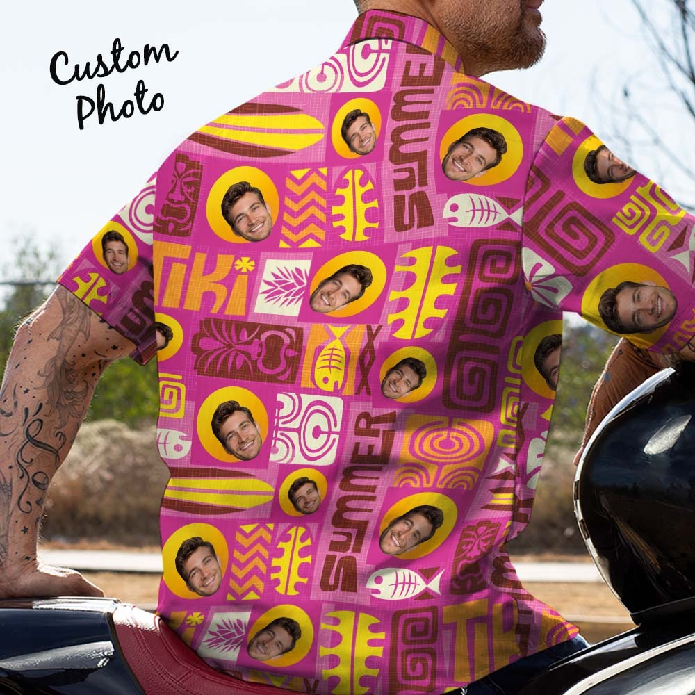 Father Custom Face With Exotic Tiki Pattern Personalized Photo Hawaiian Shirt - makephotopuzzleuk