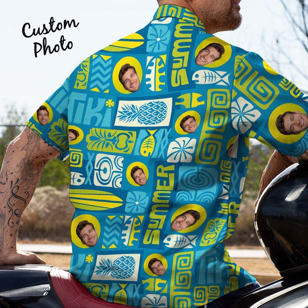 Father Custom Face With Exotic Tiki Pattern Personalized Photo Hawaiian Shirt - makephotopuzzleuk