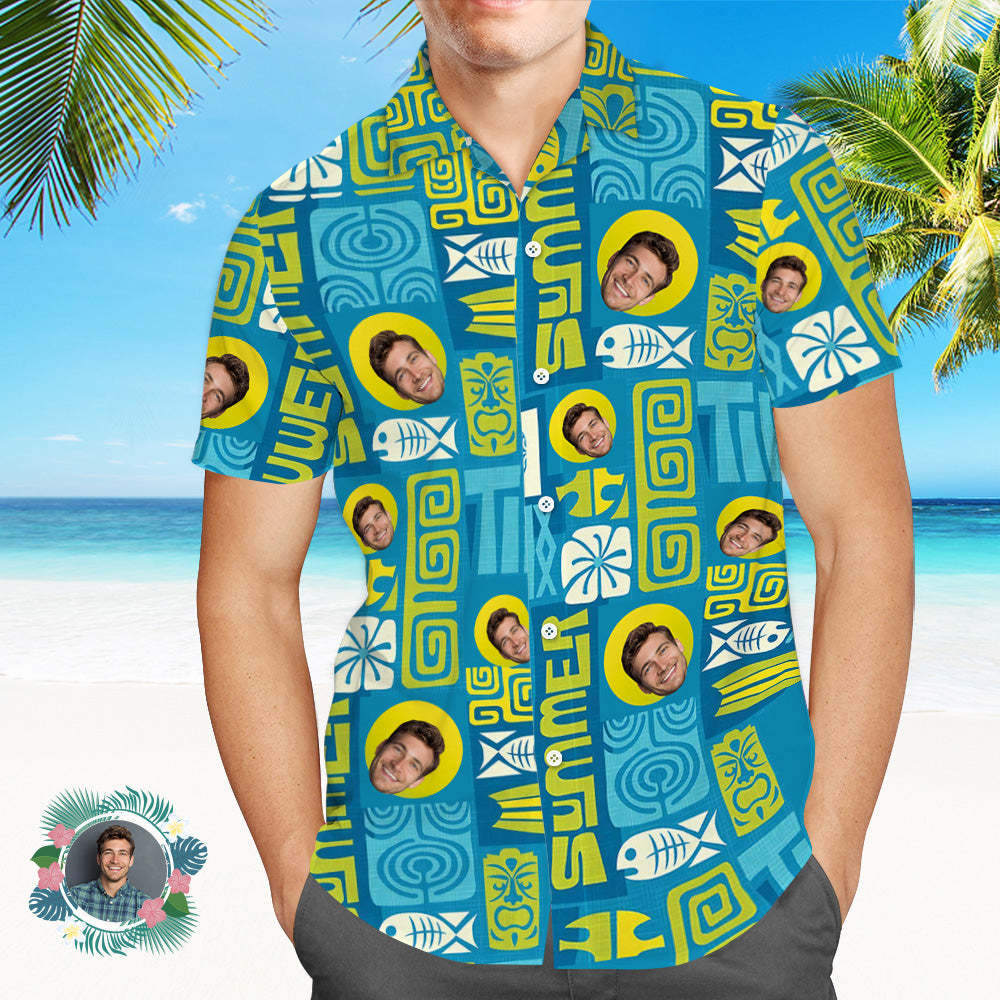 Father Custom Face With Exotic Tiki Pattern Personalized Photo Hawaiian Shirt - makephotopuzzleuk