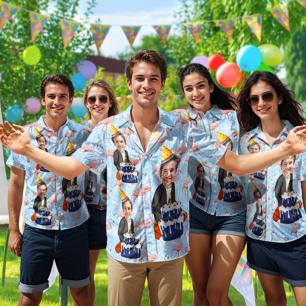 Custom Cartoon Birthday Button-down Shirts With Flamingo & Cake Birthday Gift For Him