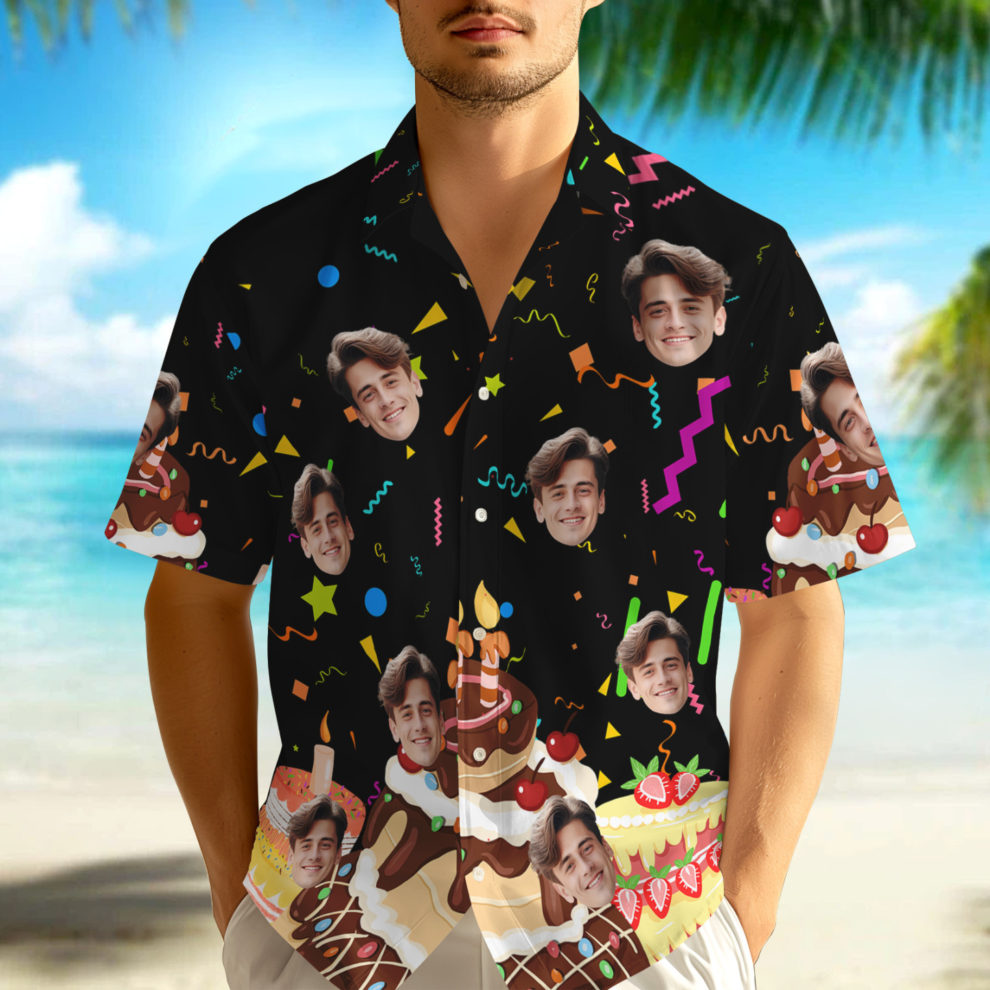 Custom Face Hawaiian Shirt Personalized Birthday Cake Name and Age Face Men Hawaiian Shirt Birthday Party Gift - MyPhotoSocks