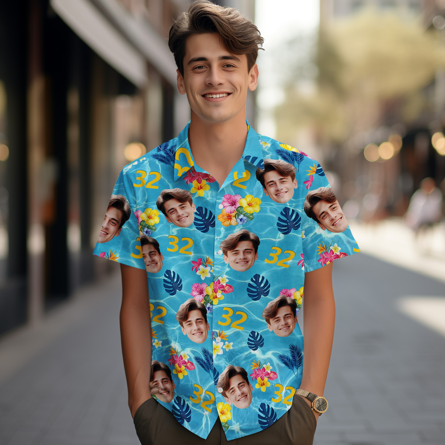 Custom Face Hawaiian Shirt Personalized Birthday Cake Name and Age Face Men Hawaiian Shirt Birthday Party Gift - MyPhotoSocks