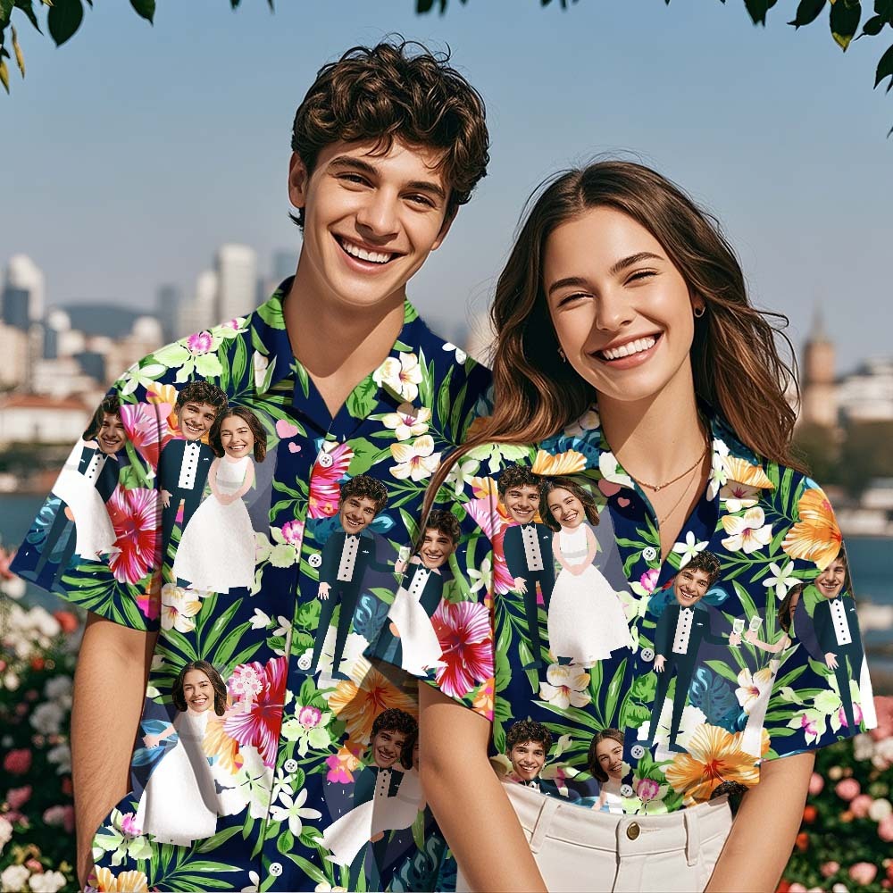 Custom Face Hawaiian Shirt Wedding Couple Face Hawaiian Shirt Personalized White Leaves Wedding Dress - MyPhotoSocks