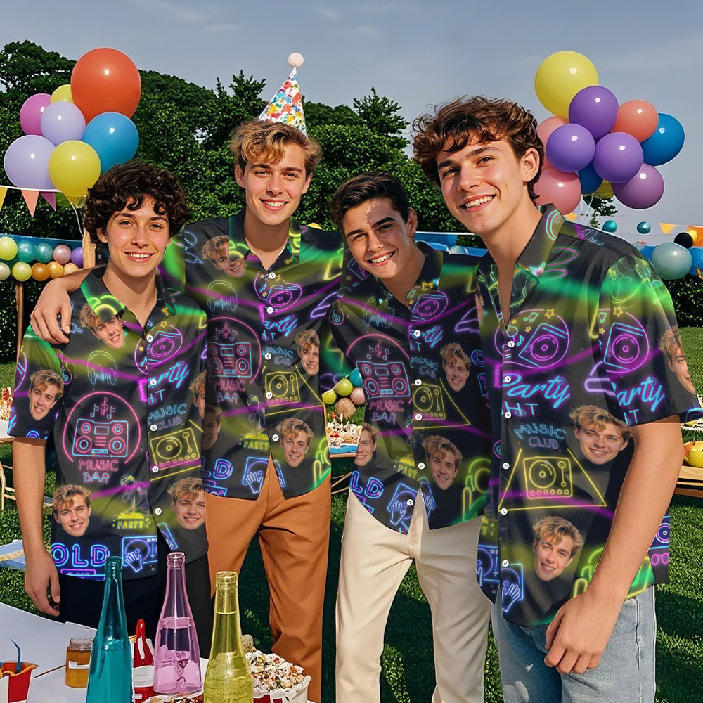 Neon Party Hawaiian Shirt Custom Neon Face Shirt for DJ Parties & Birthday Bashes