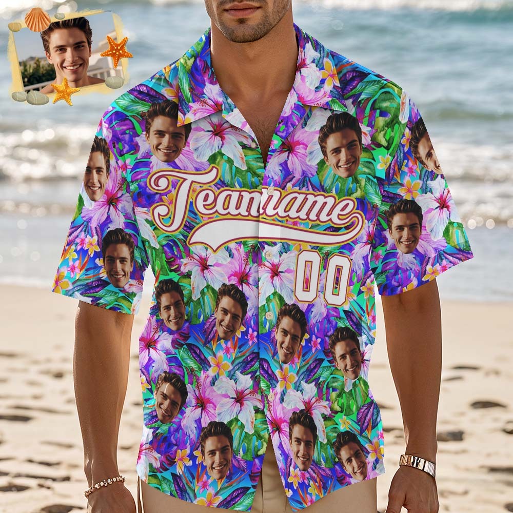 Custom Hawaiian Shirt with Face Teamname Name Number Personalized Hawaii Floral Shirt for Men Women - makephotopuzzleuk