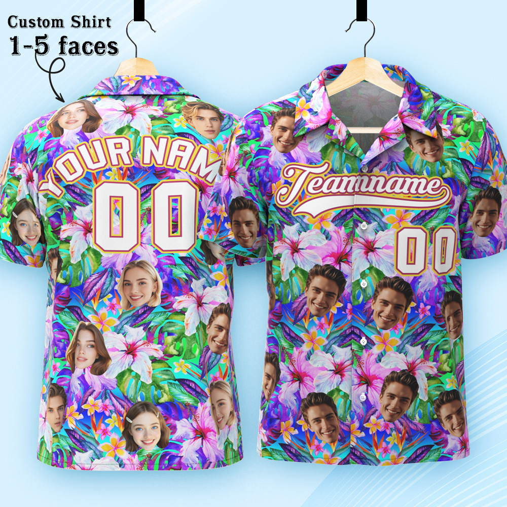 Custom Hawaiian Shirt with Face Teamname Name Number Personalized Hawaii Floral Shirt for Men Women - makephotopuzzleuk