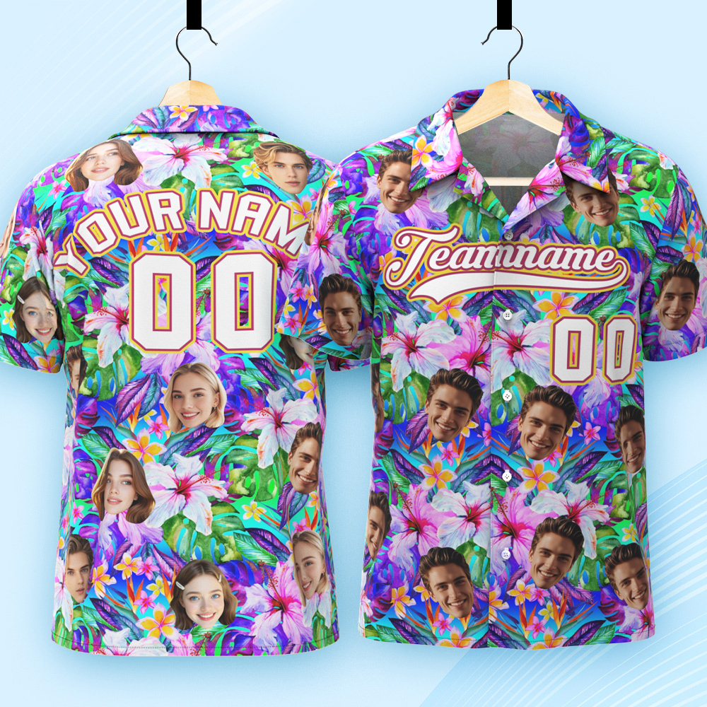 Custom Hawaiian Shirt with Face Teamname Name Number Personalized Hawaii Floral Shirt for Men Women - makephotopuzzleuk