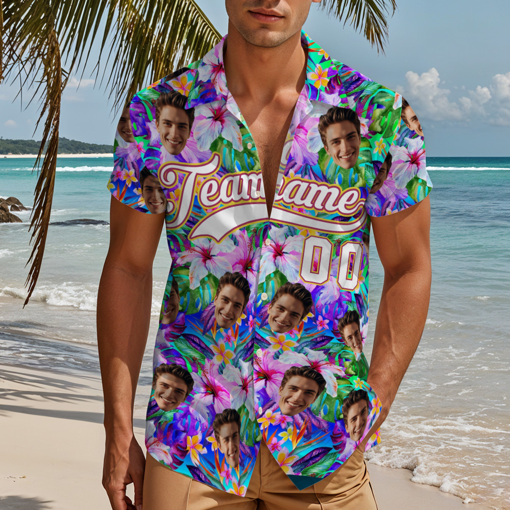 Custom Hawaiian Shirt with Face Teamname Name Number Personalized Hawaii Floral Shirt for Men Women - makephotopuzzleuk