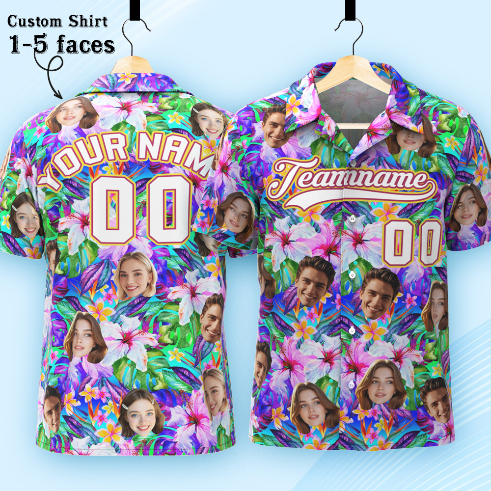Custom Hawaiian Shirt with Face Teamname Name Number Personalized Hawaii Floral Shirt for Men Women - makephotopuzzleuk