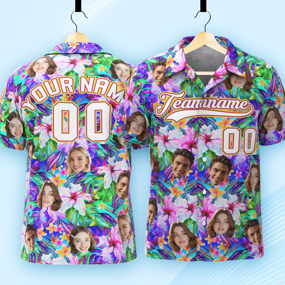 Custom Hawaiian Shirt with Face Teamname Name Number Personalized Hawaii Floral Shirt for Men Women - makephotopuzzleuk