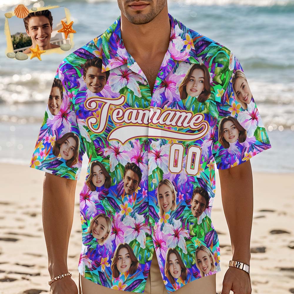 Custom Hawaiian Shirt with Face Teamname Name Number Personalized Hawaii Floral Shirt for Men Women - makephotopuzzleuk