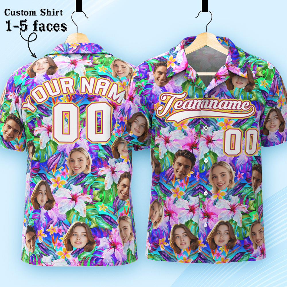 Custom Hawaiian Shirt with Face Teamname Name Number Personalized Hawaii Floral Shirt for Men Women - makephotopuzzleuk
