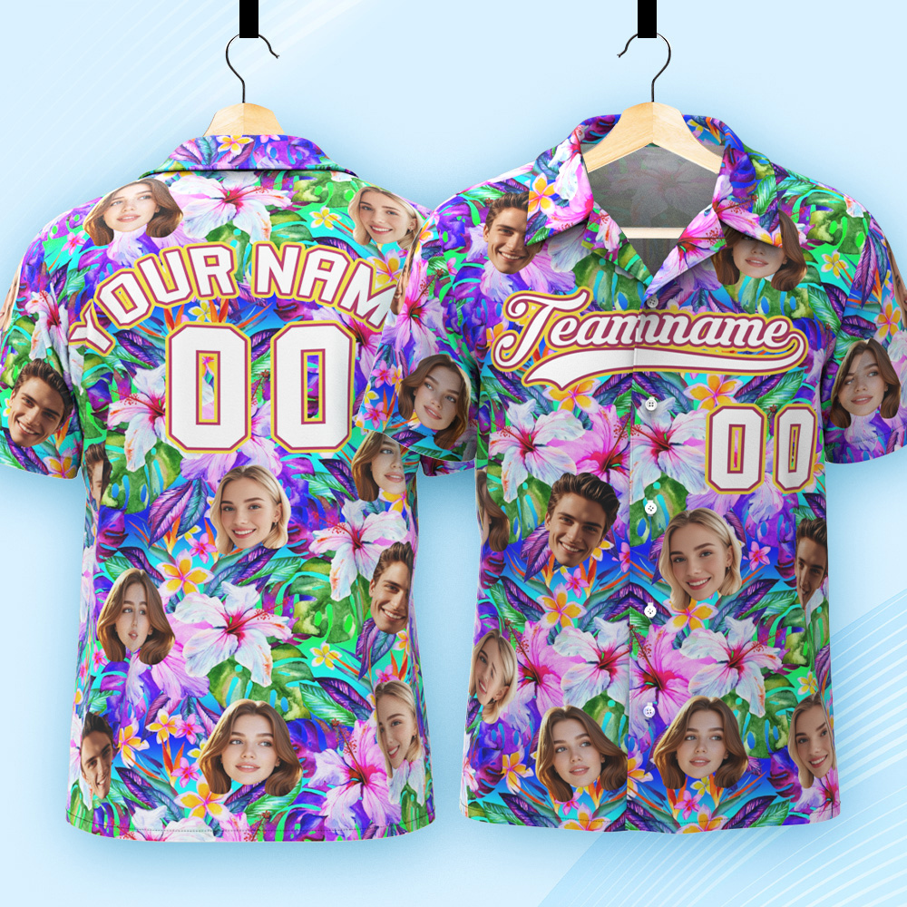 Custom Hawaiian Shirt with Face Teamname Name Number Personalized Hawaii Floral Shirt for Men Women - makephotopuzzleuk