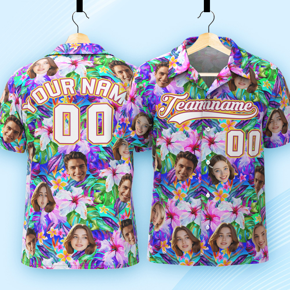 Custom Hawaiian Shirt with Face Teamname Name Number Personalized Hawaii Floral Shirt for Men Women - makephotopuzzleuk