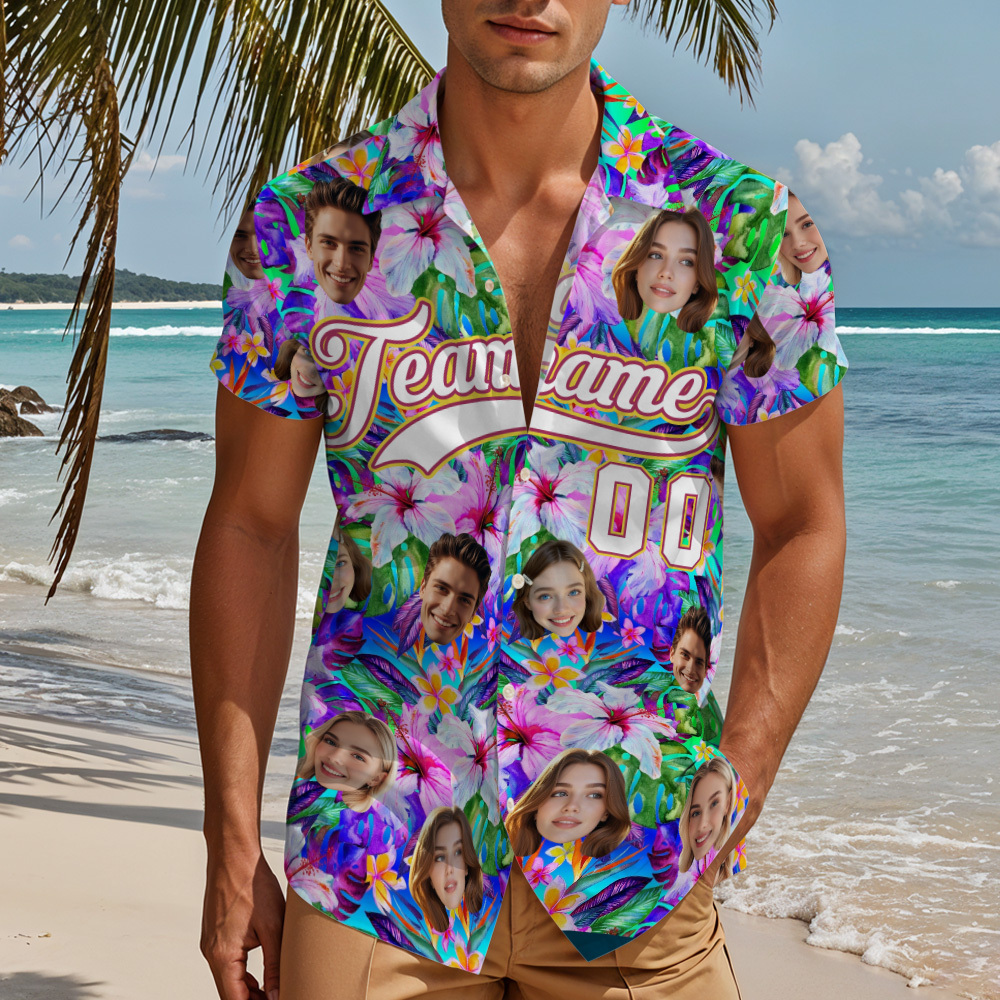 Custom Hawaiian Shirt with Face Teamname Name Number Personalized Hawaii Floral Shirt for Men Women - makephotopuzzleuk