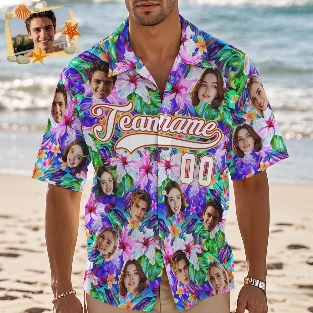 Custom Hawaiian Shirt with Face Teamname Name Number Personalized Hawaii Floral Shirt for Men Women - makephotopuzzleuk