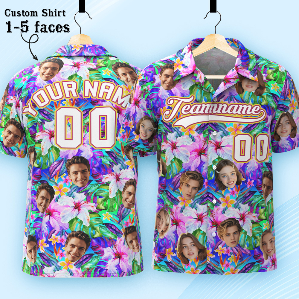 Custom Hawaiian Shirt with Face Teamname Name Number Personalized Hawaii Floral Shirt for Men Women - makephotopuzzleuk