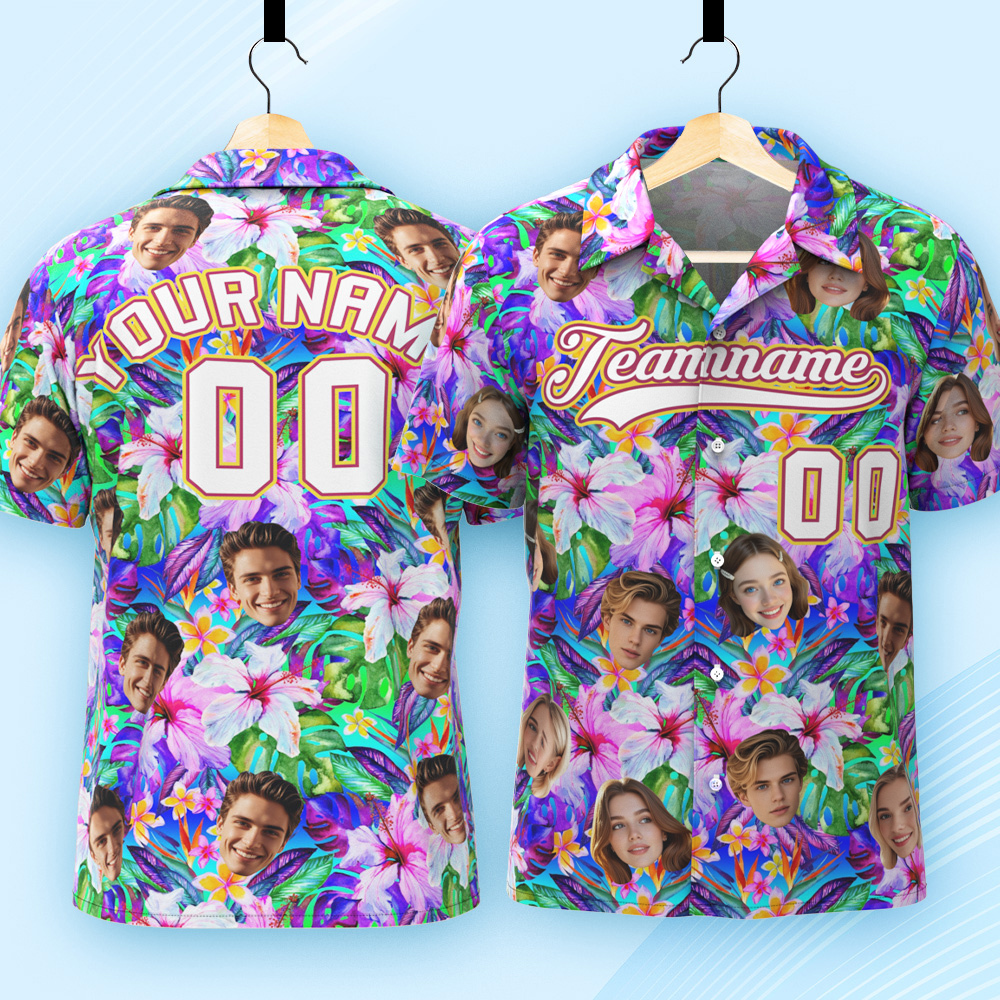 Custom Hawaiian Shirt with Face Teamname Name Number Personalized Hawaii Floral Shirt for Men Women - makephotopuzzleuk