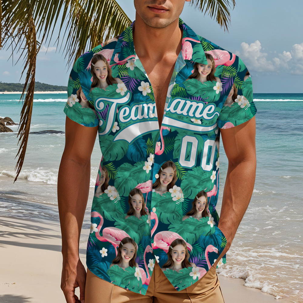 Custom Hawaiian Shirt with Face Teamname Name Number Personalized Hawaii Floral Shirt for Men Women - makephotopuzzleuk