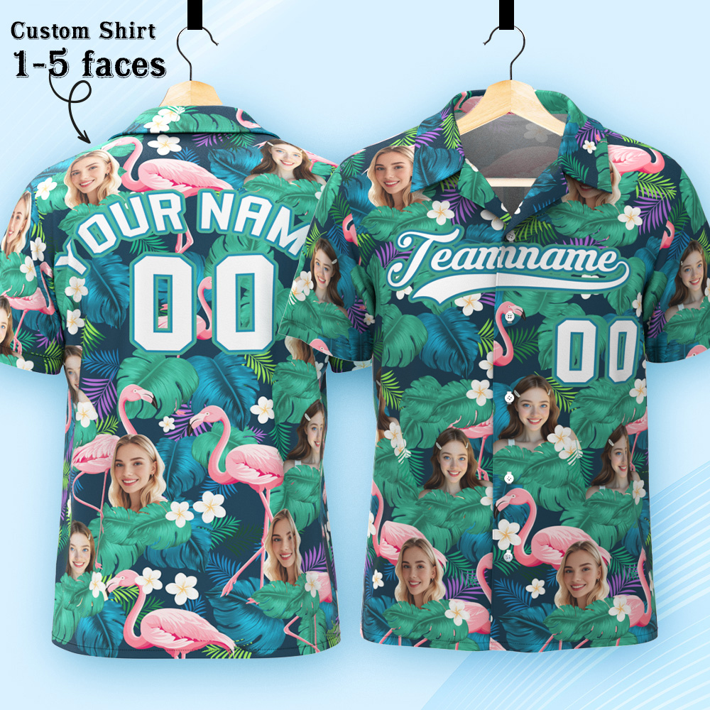Custom Hawaiian Shirt with Face Teamname Name Number Personalized Hawaii Floral Shirt for Men Women - makephotopuzzleuk
