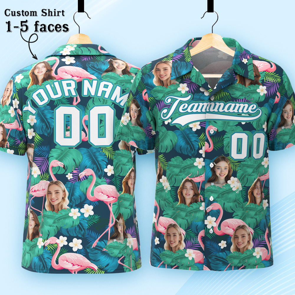 Custom Hawaiian Shirt with Face Teamname Name Number Personalized Hawaii Floral Shirt for Men Women - makephotopuzzleuk