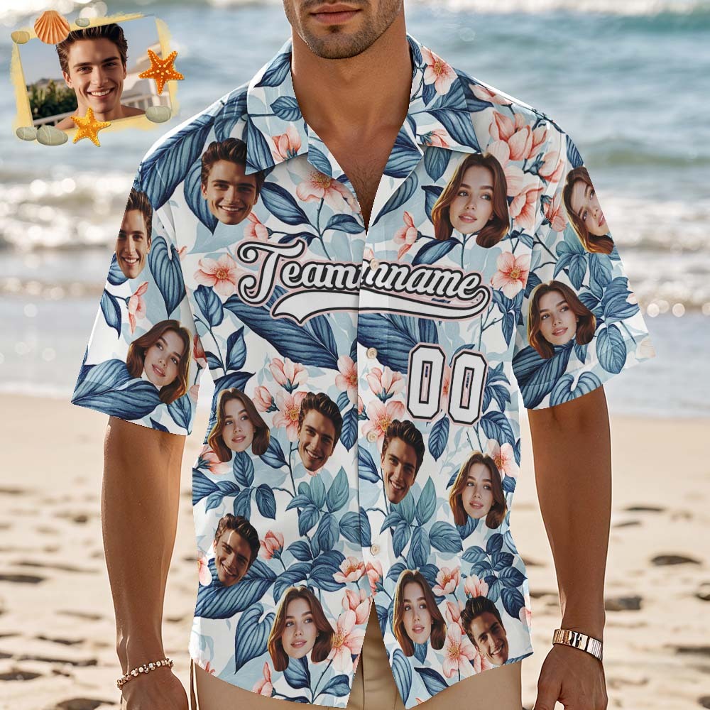 Custom Hawaiian Shirt with Face Teamname Name Number Personalized Hawaii Floral Shirt for Men Women - makephotopuzzleuk