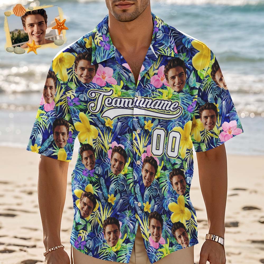 Custom Hawaiian Shirt with Face Teamname Name Number Personalized Hawaii Floral Shirt for Men Women - makephotopuzzleuk