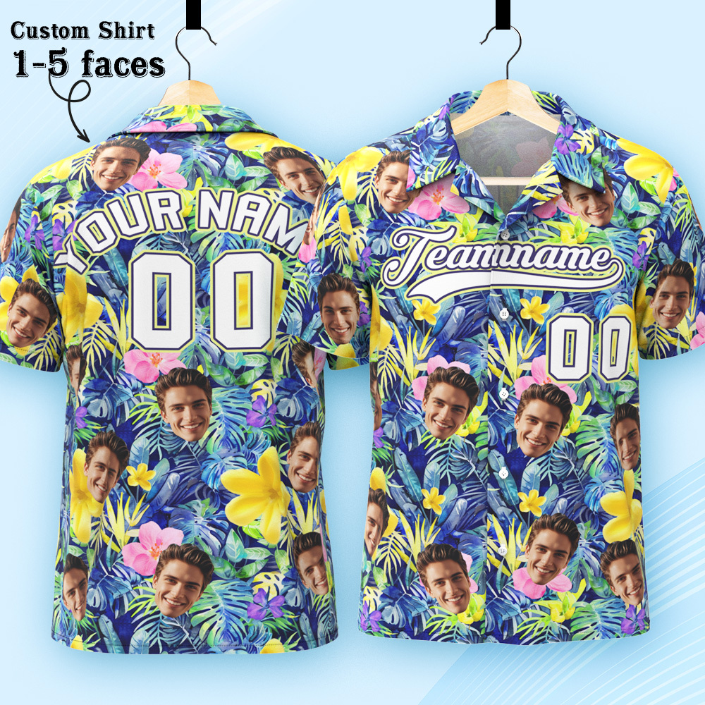 Custom Hawaiian Shirt with Face Teamname Name Number Personalized Hawaii Floral Shirt for Men Women - makephotopuzzleuk
