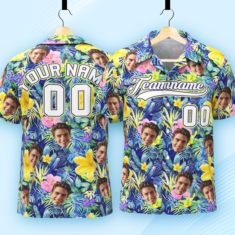 Custom Hawaiian Shirt with Face Teamname Name Number Personalized Hawaii Floral Shirt for Men Women - makephotopuzzleuk