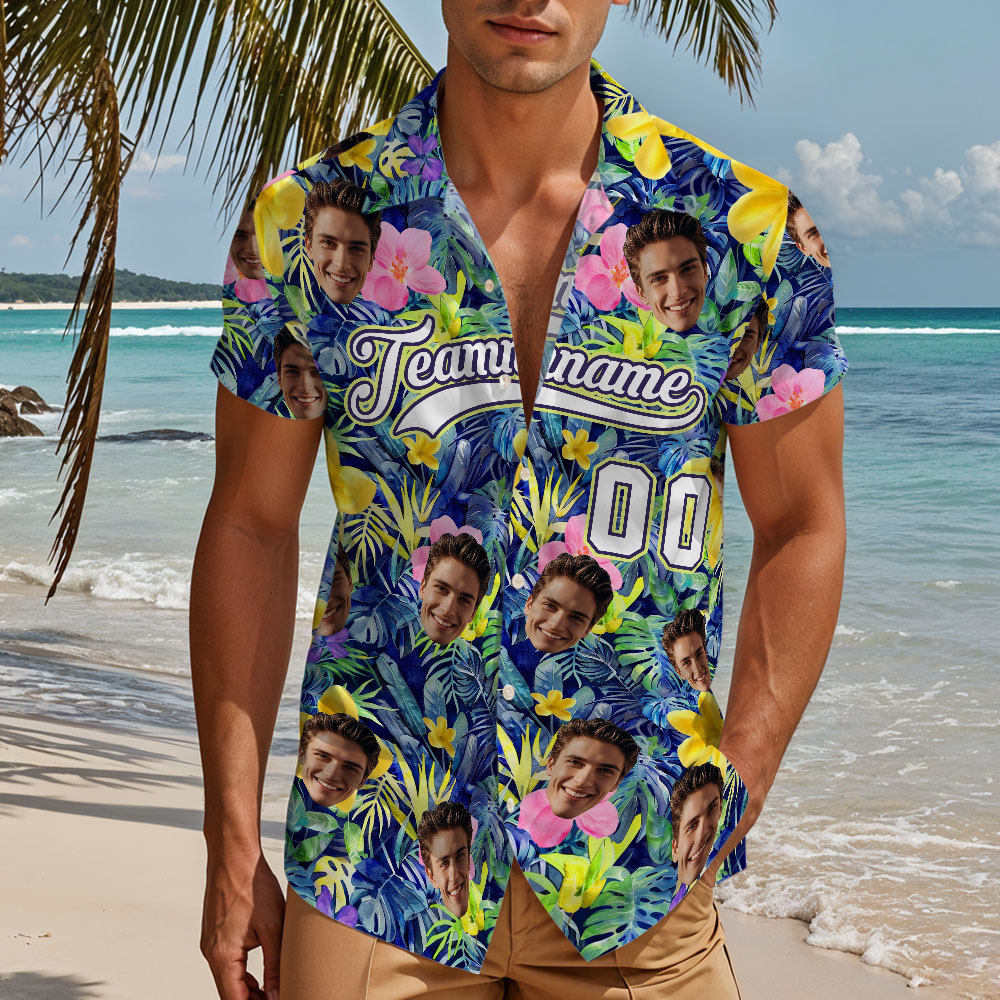 Custom Hawaiian Shirt with Face Teamname Name Number Personalized Hawaii Floral Shirt for Men Women - makephotopuzzleuk