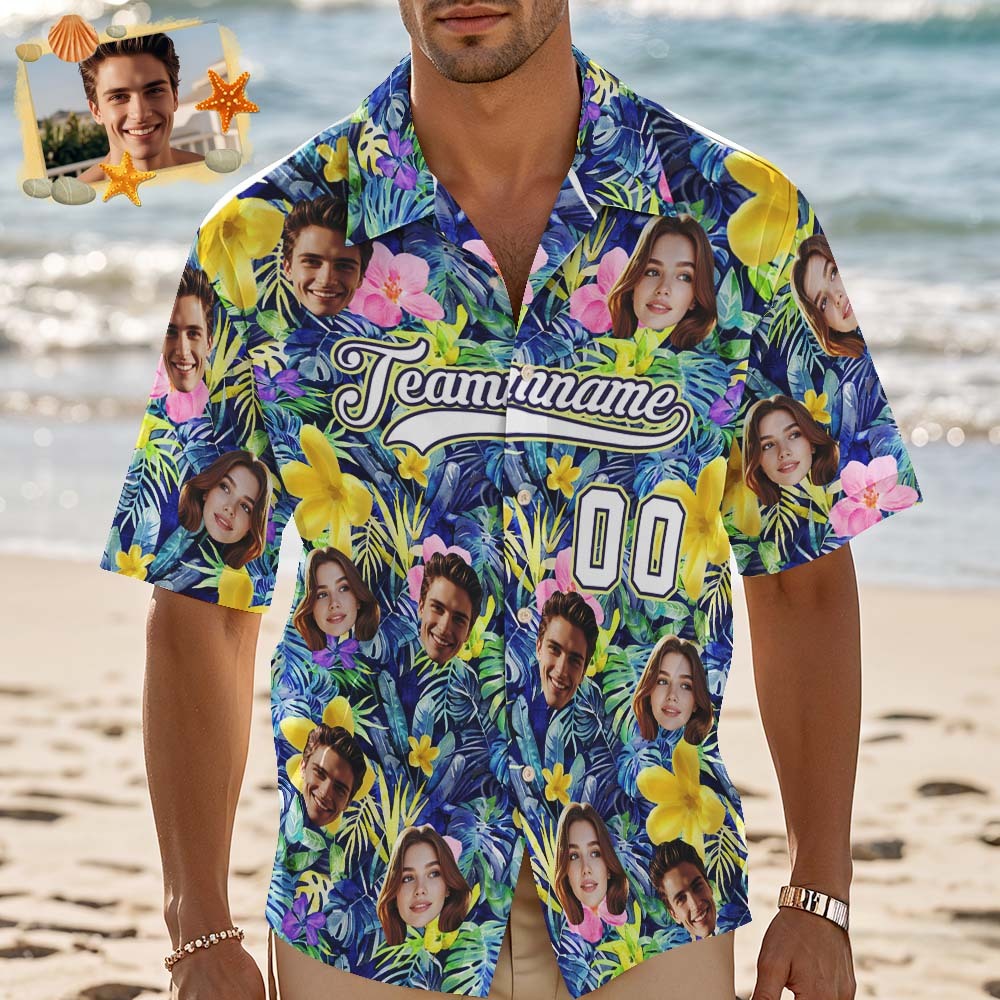 Custom Hawaiian Shirt with Face Teamname Name Number Personalized Hawaii Floral Shirt for Men Women - makephotopuzzleuk